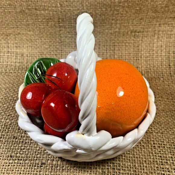 Capodimonte Ceramic Fruit Basket Laced Oval Vintage 4" Cherries & Orange - Picture 2 of 11
